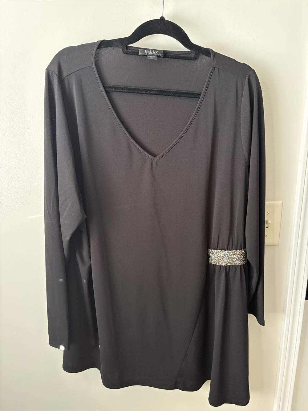 Belldini Black Long Sleeve V-Neck Top with Metallic Waist Trim